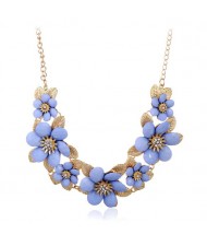 Rhinestone Inlaid Elegant Flowers Women Fashion Alloy Costume Necklace - Blue