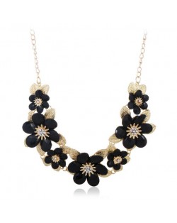 Rhinestone Inlaid Elegant Flowers Women Fashion Alloy Costume Necklace - Black