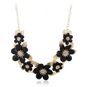 Rhinestone Inlaid Elegant Flowers Women Fashion Alloy Costume Necklace - Black