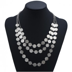 Glistening Paillettes Multi-layer Design High Fashion Alloy Costume Necklace - Silver