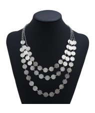 Glistening Paillettes Multi-layer Design High Fashion Alloy Costume Necklace - Silver