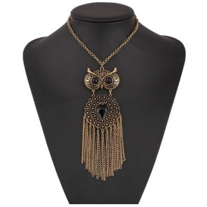 Resin Gem Embellished Vintage Night Owl with Tassel Design High Fashion Necklace - Golden
