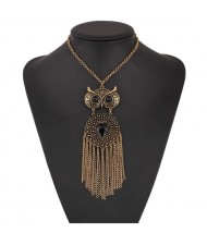 Resin Gem Embellished Vintage Night Owl with Tassel Design High Fashion Necklace - Golden
