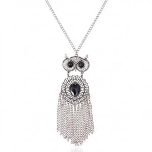 Resin Gem Embellished Vintage Night Owl with Tassel Design High Fashion Necklace - Silver