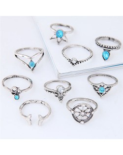 Vintage Star Fashion 9 pcs Fashion Ring Combo - Silver