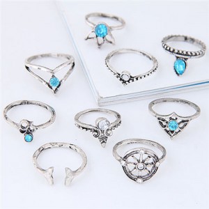 Vintage Star Fashion 9 pcs Fashion Ring Combo - Silver