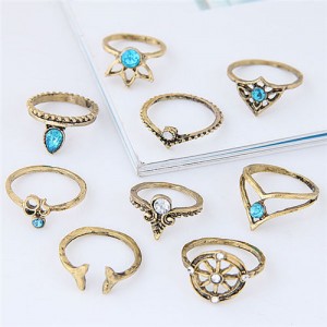 Vintage Star Fashion 9 pcs Fashion Ring Combo - Golden