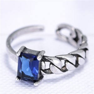 Cubic Zirconia Embellished Vintage Fashion Copper Ring - Ink Blue