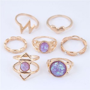 Gems Inlaid Bolts Fashion 7pcs Women Rings Combo