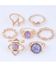Gems Inlaid Bolts Fashion 7pcs Women Rings Combo