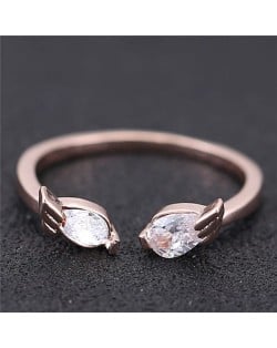 Cubic Zirconia Inlaid Angel Wings Korean Fashion Women Ring - Rose Gold