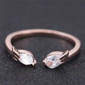 Cubic Zirconia Inlaid Angel Wings Korean Fashion Women Ring - Rose Gold