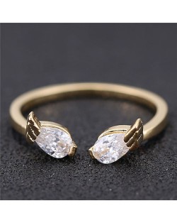Cubic Zirconia Inlaid Angel Wings Korean Fashion Women Ring - Golden