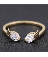 Cubic Zirconia Inlaid Angel Wings Korean Fashion Women Ring - Golden