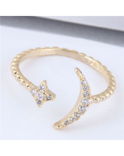 Cubic Zirconia Embellished Moon and Star Fashion Open-end Design Copper Ring