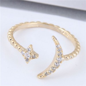 Cubic Zirconia Embellished Moon and Star Fashion Open-end Design Copper Ring