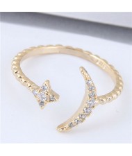 Cubic Zirconia Embellished Moon and Star Fashion Open-end Design Copper Ring