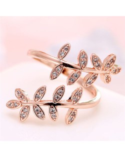 Cubic Zirconia Embellished Leaves Fashion Ring - Rose Gold