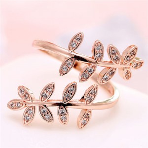 Cubic Zirconia Embellished Leaves Fashion Ring - Rose Gold