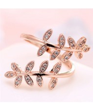 Cubic Zirconia Embellished Leaves Fashion Ring - Rose Gold
