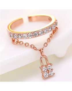 Cubic Zirconia Inlaid with Lock Pendant Design Women Fashion Ring - Rose Gold