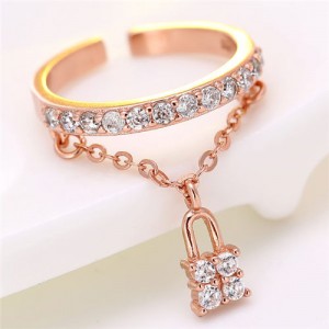 Cubic Zirconia Inlaid with Lock Pendant Design Women Fashion Ring - Rose Gold