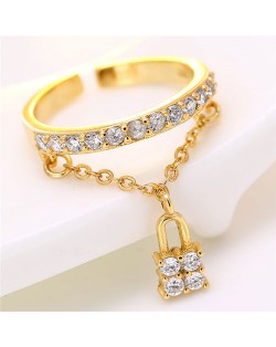 Cubic Zirconia Inlaid with Lock Pendant Design Women Fashion Ring - Golden