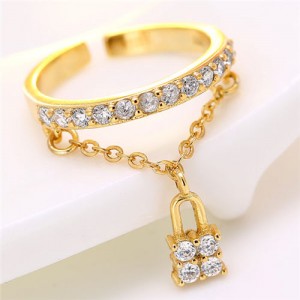 Cubic Zirconia Inlaid with Lock Pendant Design Women Fashion Ring - Golden