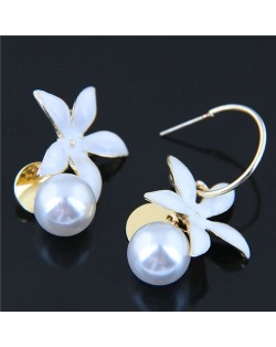Oil-spot Glaze White Flower and Pearl Fashion Women Statement Earrings