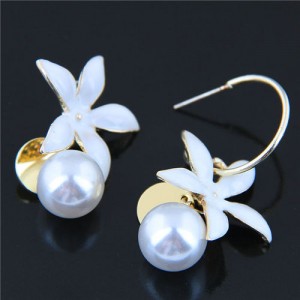 Oil-spot Glaze White Flower and Pearl Fashion Women Statement Earrings