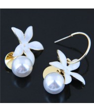 Oil-spot Glaze White Flower and Pearl Fashion Women Statement Earrings