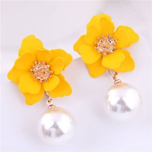 Yellow Flower with Dangling Pearl Fashion Women Costume Earrings