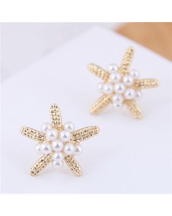 Pearl Decorated Starfish Sweet Fashion Women Earrings - Golden