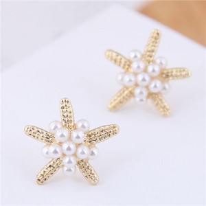 Pearl Decorated Starfish Sweet Fashion Women Earrings - Golden