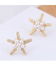 Pearl Decorated Starfish Sweet Fashion Women Earrings - Golden
