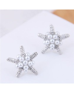 Pearl Decorated Starfish Sweet Fashion Women Earrings - Silver