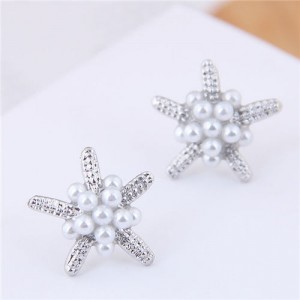 Pearl Decorated Starfish Sweet Fashion Women Earrings - Silver