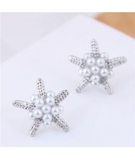 Pearl Decorated Starfish Sweet Fashion Women Earrings - Silver