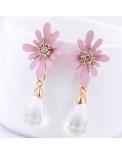 Daisy with Waterdrop Pendant Design Korean Fashion Earrings - Pink