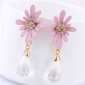 Daisy with Waterdrop Pendant Design Korean Fashion Earrings - Pink