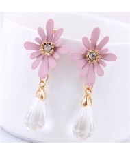 Daisy with Waterdrop Pendant Design Korean Fashion Earrings - Pink