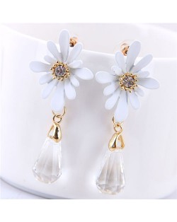 Daisy with Waterdrop Pendant Design Korean Fashion Earrings - White