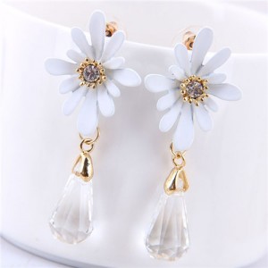 Daisy with Waterdrop Pendant Design Korean Fashion Earrings - White