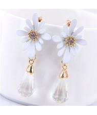 Daisy with Waterdrop Pendant Design Korean Fashion Earrings - White