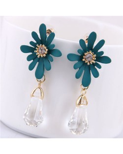 Daisy with Waterdrop Pendant Design Korean Fashion Earrings - Green