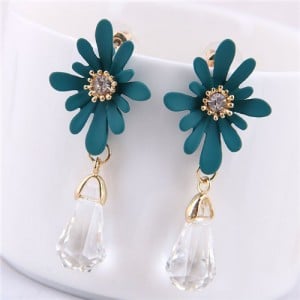Daisy with Waterdrop Pendant Design Korean Fashion Earrings - Green