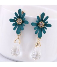 Daisy with Waterdrop Pendant Design Korean Fashion Earrings - Green