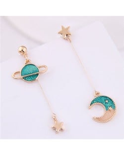 Star and Moon Asymmetric Design Cute Fashion Women Earrings - Green