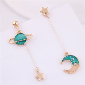 Star and Moon Asymmetric Design Cute Fashion Women Earrings - Green