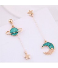 Star and Moon Asymmetric Design Cute Fashion Women Earrings - Green